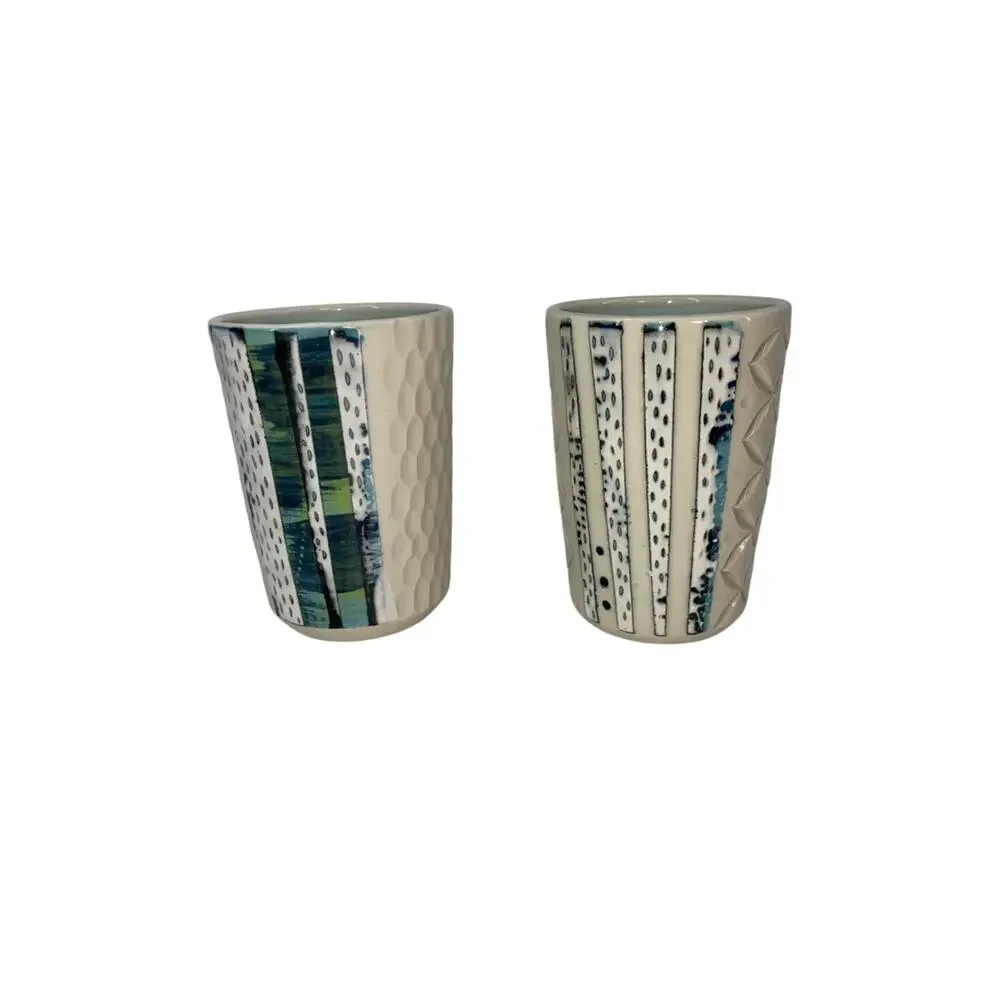 Set of 2 Studio Art Pottery Tumblers Beige Blue Glasses Signed